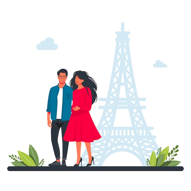 Casal caminhando em paris no contexto da torre eiffel. viagem em grupo de pessoas. casais felizes viajando pela europa. pontos turísticos de todo o mundo, fotos para imagens de viagens, viagens de família feliz