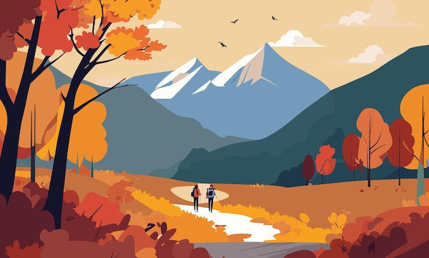 Casal caminhando nas montanhas de outono Paisagem de outono em estilo simples