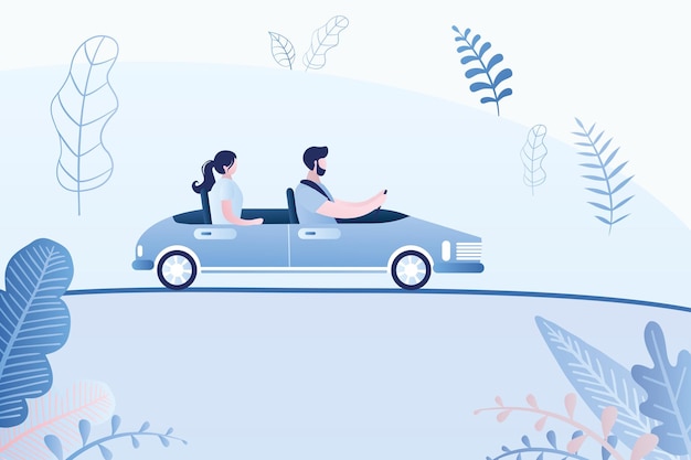 Casal carro conversível dirigindo vista lateral Personagens masculinos e femininos em automóveis cabriolet