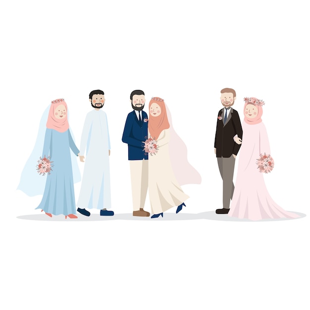 Casal casamento muçulmano ilustração personagem bonito dos desenhos animados