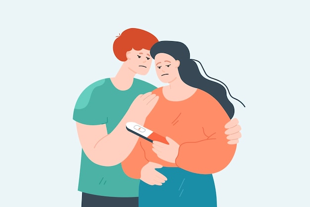 Casal chateado com problemas de fertilidade. tristes personagens masculinos e femininos, mulher segurando um teste de gravidez com ilustração em vetor plana de uma linha. infertilidade, conceito de família para banner, design de site