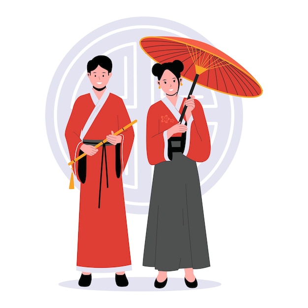 Casal chinês em ilustrações vetoriais de roupas tradicionais