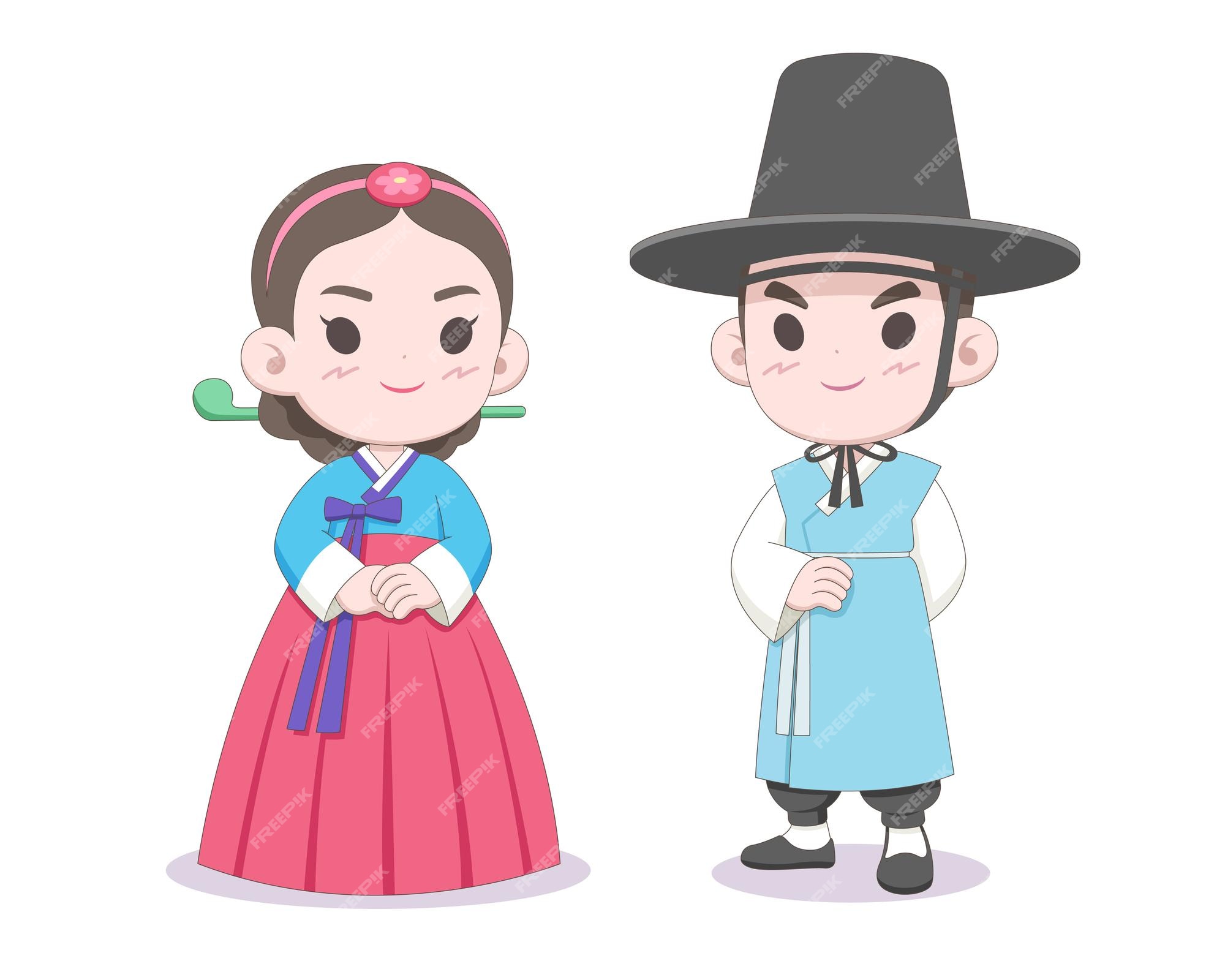 Personagem de garotas kawaii fofas coreanas em ilustração de conjunto de  desenhos animados de vestido hanbok coreano tradicional