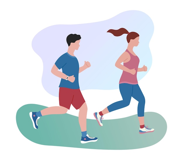Casal correndo Homem e mulher correndo juntos ao ar livre Estilo de vida saudável e conceito de fitness Corrida matinal no parque Ilustração vetorial plana