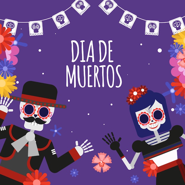 Vetor casal crânio morto ilustração dia de los muertos