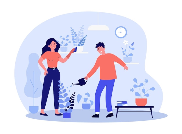 Casal cuidando da planta de casa
