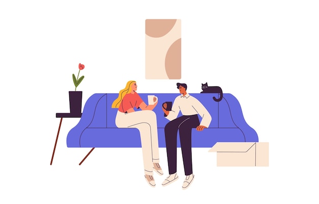 Casal da família acabou de se mudar para uma nova casa homem e mulher felizes sentados no sofá em seu próprio apartamento celebrando a inauguração com chá ilustração em vetor gráfico plano isolada no fundo branco