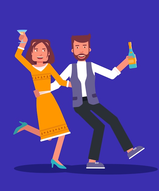 Casal dançando bêbado, personagens de desenhos animados de convidados de festa masculina e feminina isolados sobre fundo azul.