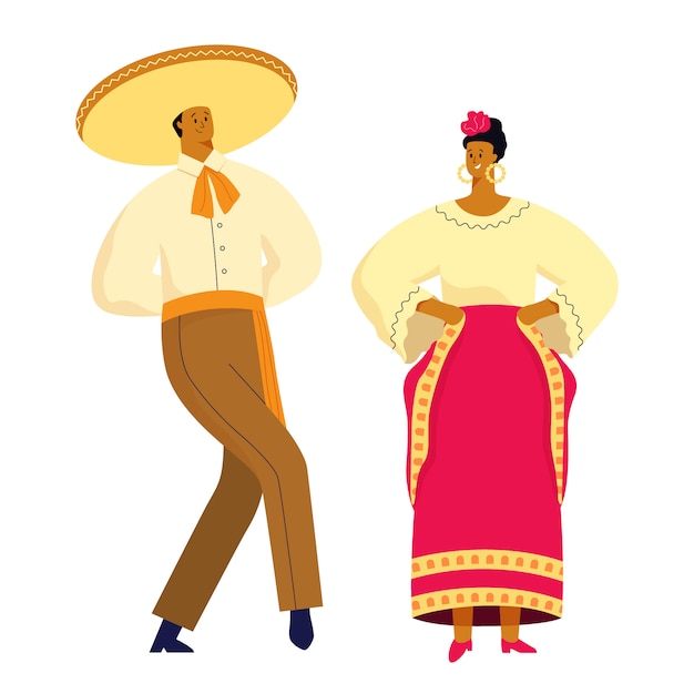 Vetor casal dançando mexicano em trajes tradicionais e símbolos.