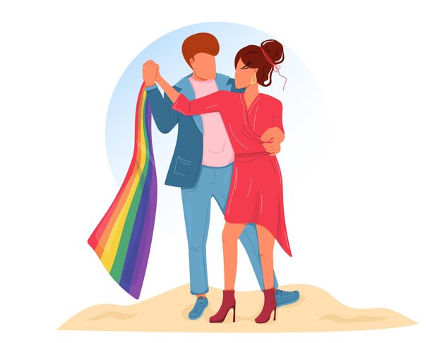 Vetor casal dançante com bandeira do arco-íris celebra o mês do orgulho lgbtq pessoas orgulhosas de sua identidade
