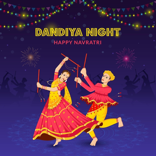 Casal Dandiya Night Dancing em Navratri Happy Durga Puja e Navratri