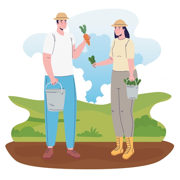 Vetor casal de agricultores na ilustração de personagens de avatares do acampamento