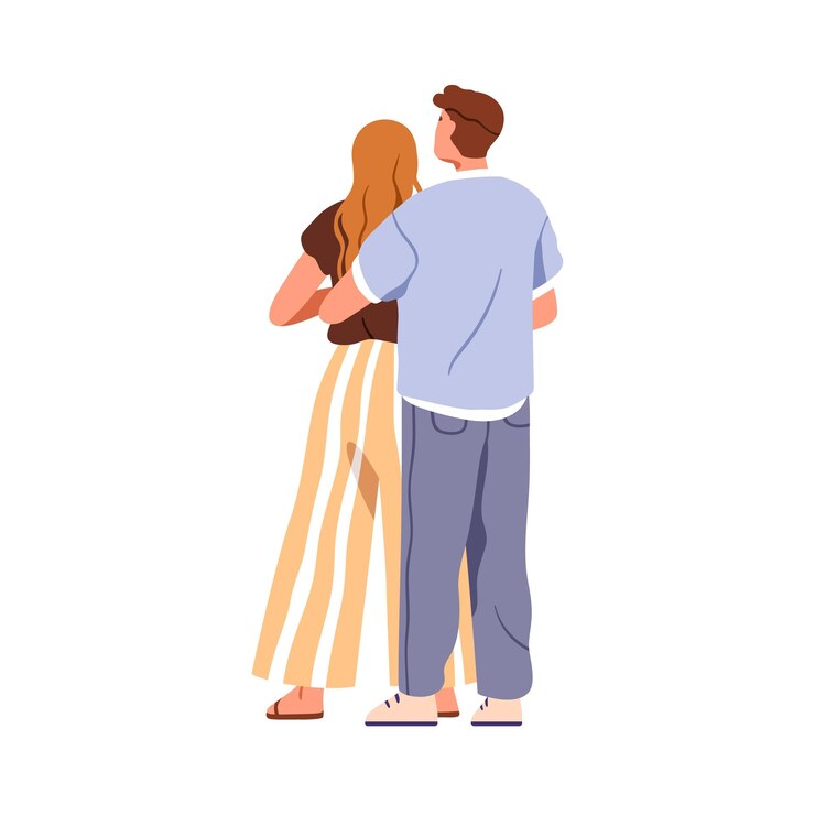 Vetor casal de amor abraçando vista de trás homem e mulher de pé abraçando por trás pessoas apaixonadas valentinas em relacionamentos românticos ilustração vetorial gráfica plana isolada em fundo branco
