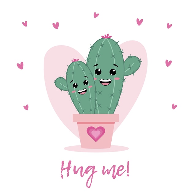 Casal de amor de cactos no estilo kawaii Cartão de saudação cartaz capa cartaz convite