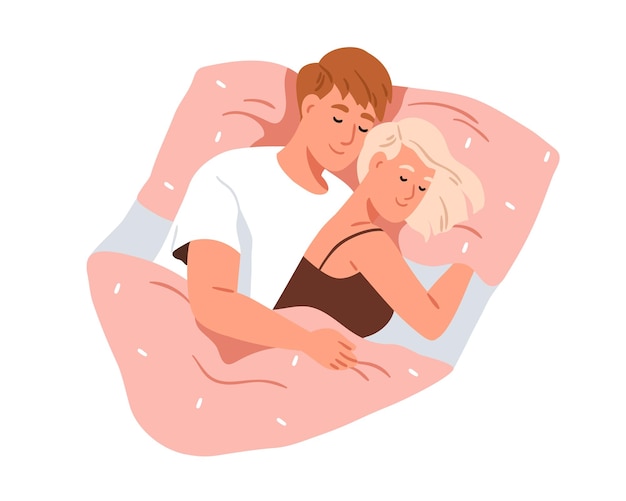 Casal de amor sonhando juntos na cama Pessoas adormecidas parceiros românticos Marido abraçando esposa no sono Homem e mulher amantes sob cobertor Ilustração vetorial plana isolada em fundo branco
