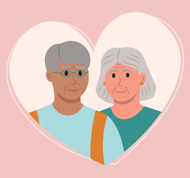 Casal de anciãos velhos apaixonados retrato no coração ilustração vetorial multicultural em estilo simples