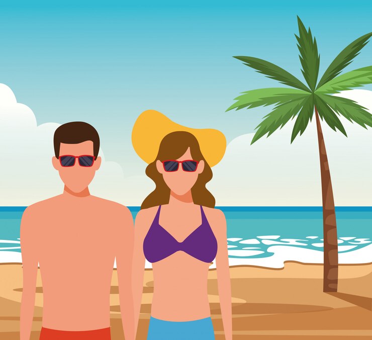 Vetor casal de avatar com óculos de sol na praia