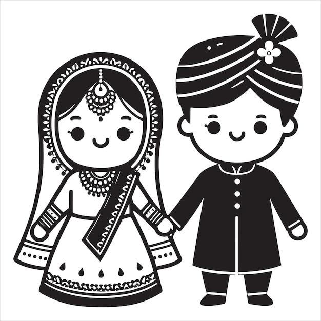 Vetor casal de casamento indiano arte de linha preta e branca dulha dulhan de pé vestindo sari de seda vector