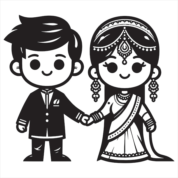 Casal de casamento indiano arte de linha preta e branca dulha dulhan de pé vestindo sari de seda vector