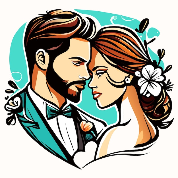 Vetor casal de casamento noiva e noivo retrato de amor desenhado à mão plano elegante adesivo de desenho animado conceito de ícone