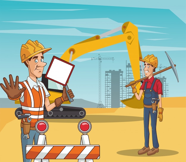 Casal de construtores usando máscara facial