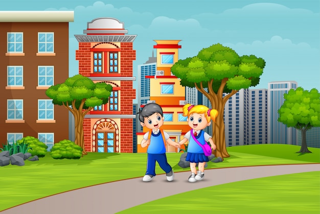 Casal de desenhos animados crianças da escola caminhando na estrada
