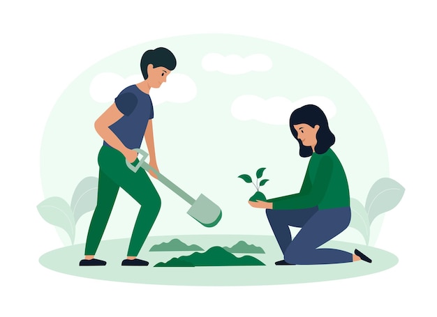 Casal de desenhos animados de ativistas plantando plantas no solo Pessoas cuidando da natureza Personagens que vivem na cidade ecológica atividades de caridade social Voluntários trabalhando juntos Vetor