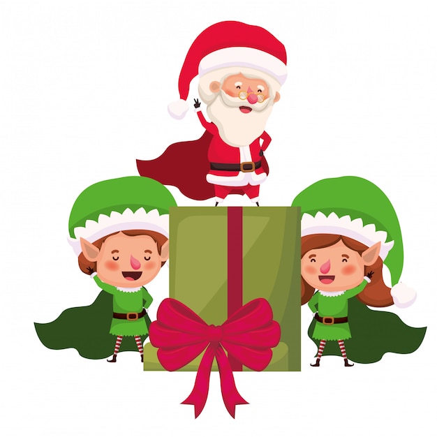 Casal de elfos e papai noel com caixa de presente