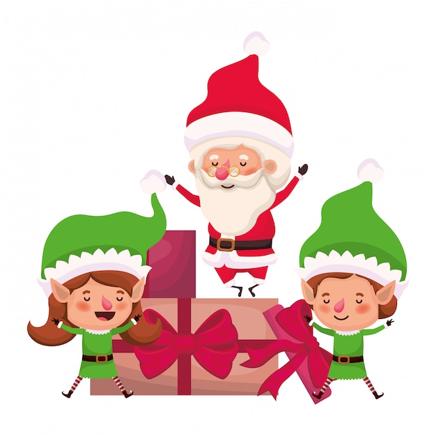 Casal de elfos e papai noel com caixas de presentes