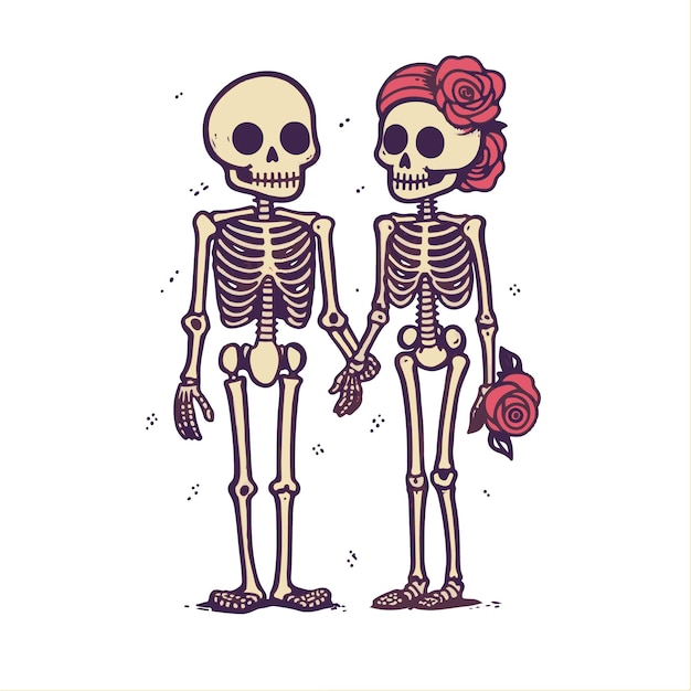Vetor casal de esqueletos com decoração para o dia dos namorados