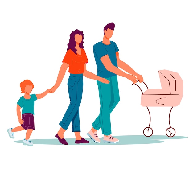 Casal de família com dois filhos caminhando juntos vetor plano isolado