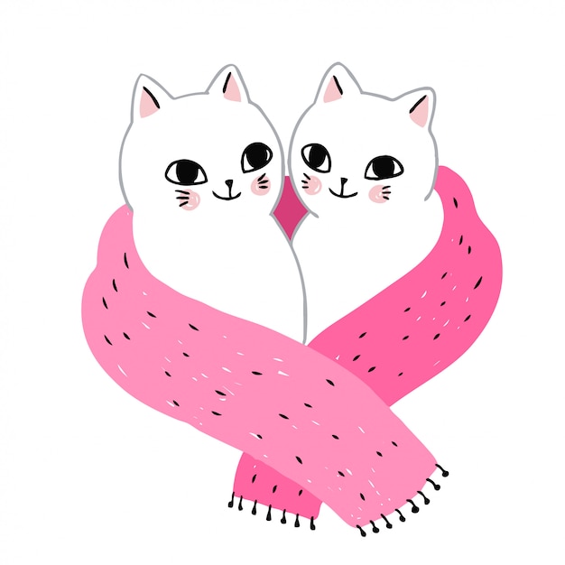 Casal de gatos de inverno bonito dos desenhos animados e cachecol