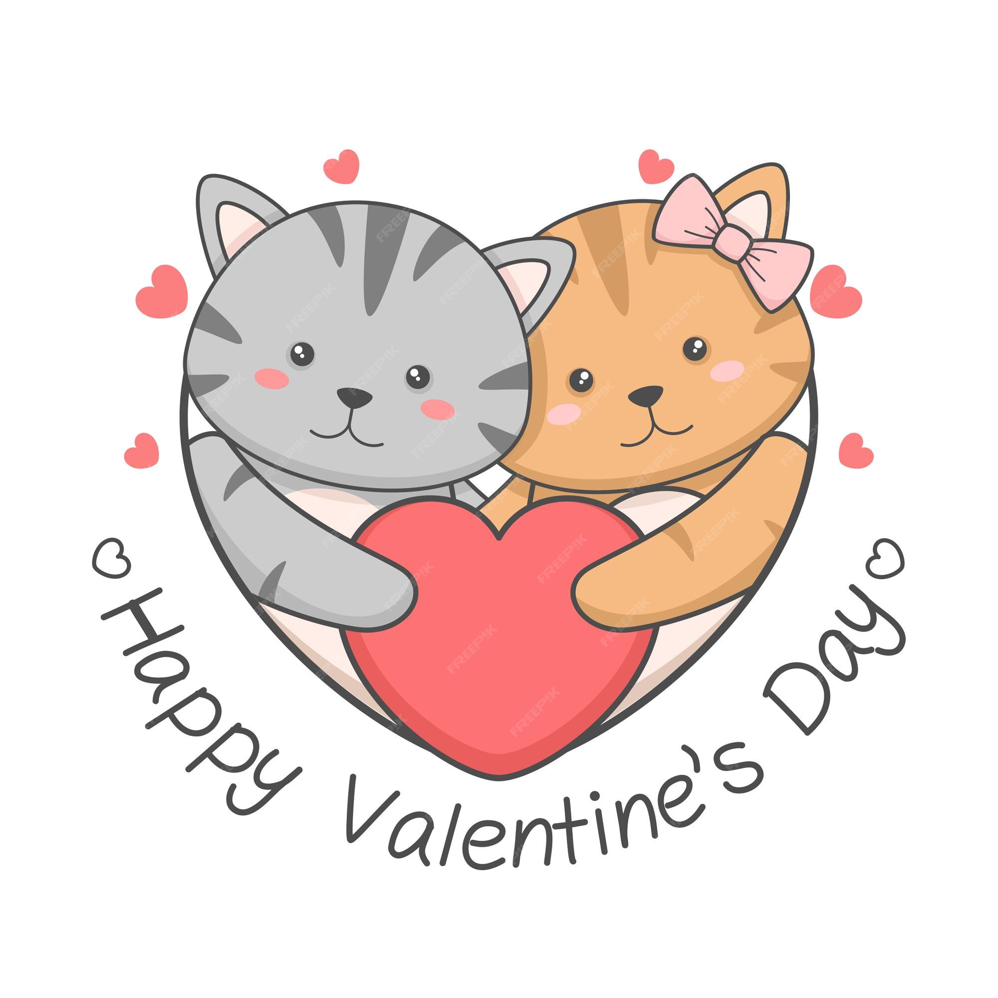 Gatinho Gato Preto Gatinho Em Pé E Segurando O Coração Rosa Grande. Feliz  Dia Dos Namorados. Cartoon Bonito Kawaii Personagem Animal Engraçado.  Design Plano. Cartão De Amor. Fundo Branco. Isolado. Ilustração Vetorial