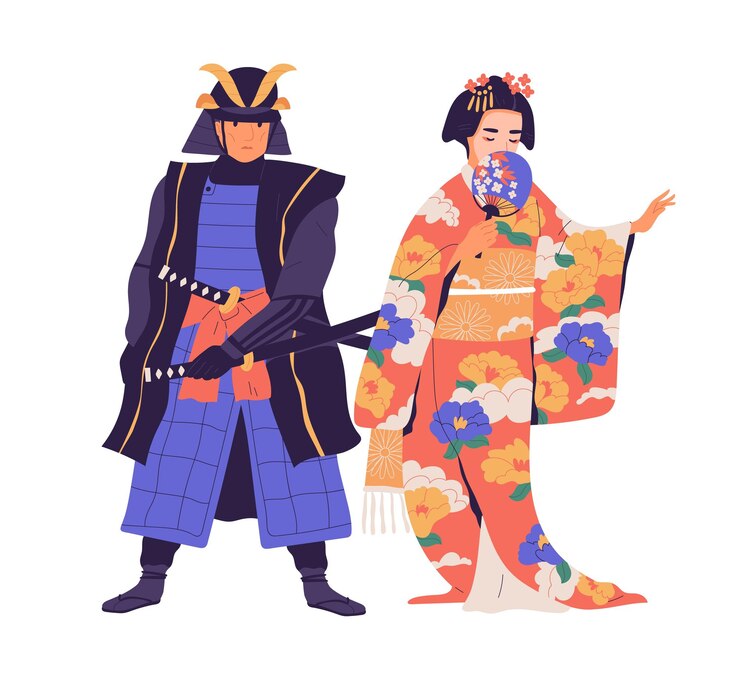 Vetor casal de gueixa e samurai em pé isolado no fundo branco. japonês com espada e mulher com leque vestido com quimono tradicional. povos asiáticos antigos. ilustração em vetor plana colorida.