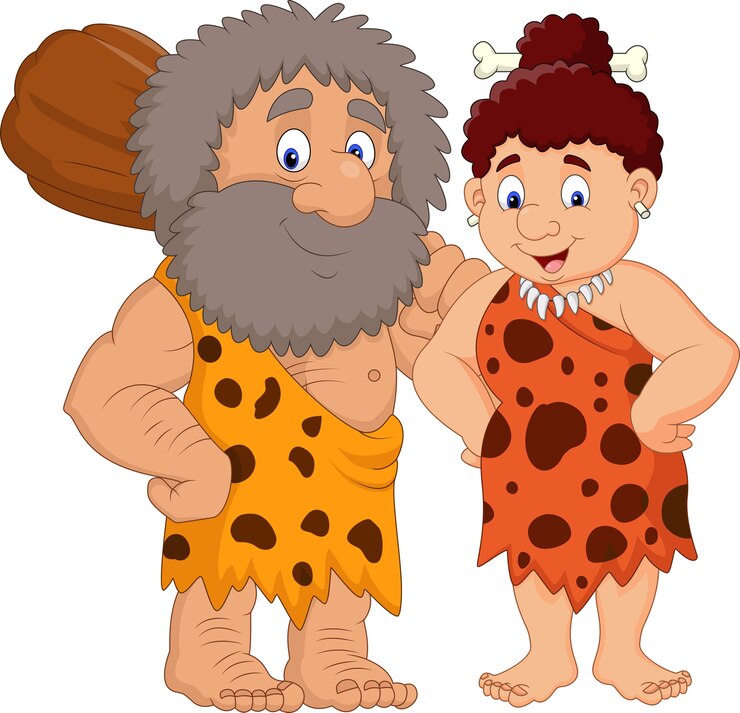 Vetor casal de homem das cavernas pré-histórico dos desenhos animados