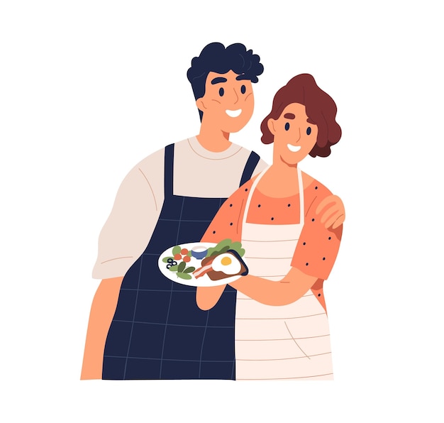Casal de homem feliz e mulher segurando o prato com comida cozida. Retrato de sorrir e abraçar marido e mulher com prato de café da manhã caseiro nas mãos. Ilustração em vetor plana isolada no branco.