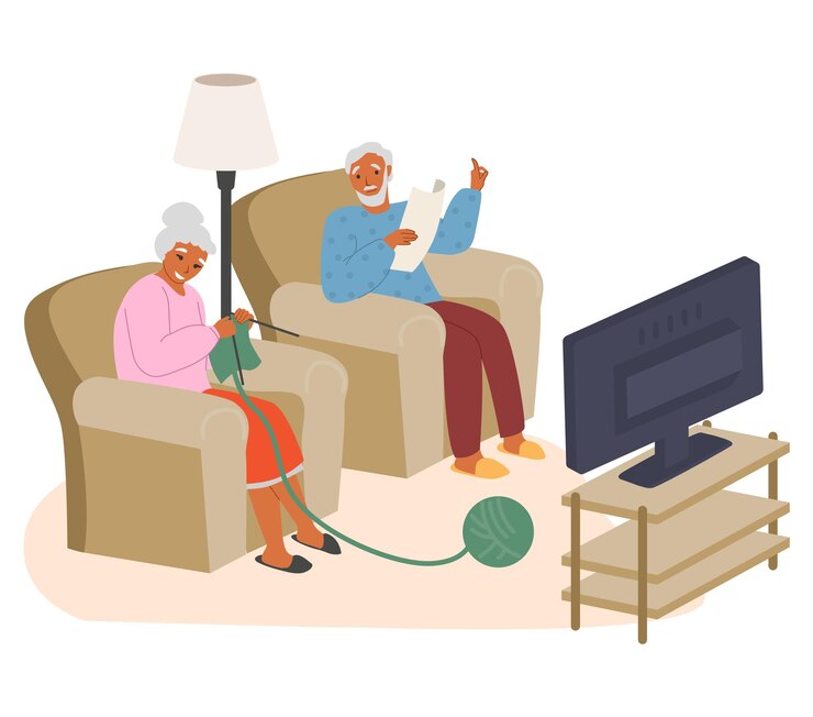 Vetor casal de idosos assistindo tv, tricô, lendo sentado nas poltronas, ilustração vetorial plana. atividades de lazer em casa.