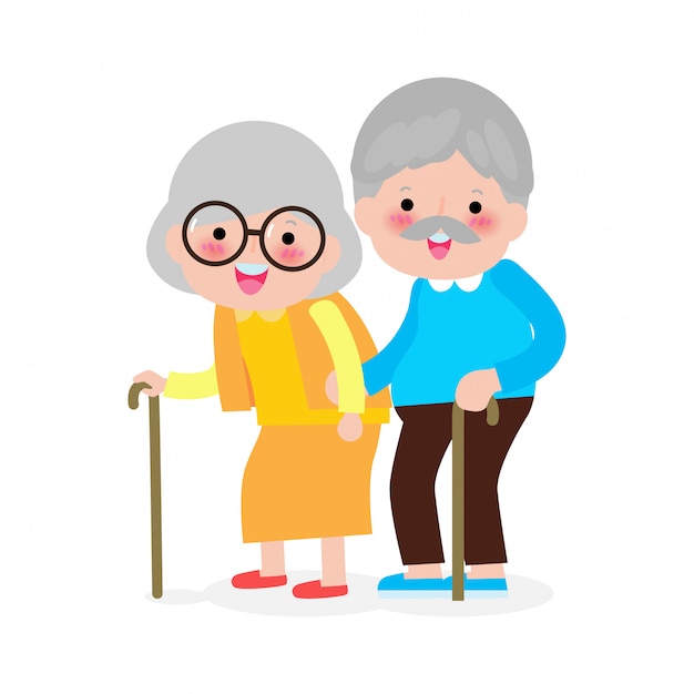 casal de idosos de mãos dadas, avós felizes, idosos, idosos em estilo cartoon, isolado na ilustração de fundo branco