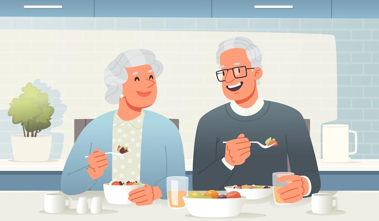 Vetor casal de idosos mesa de café da manhã cozinha idosos felizes comem saborosa comida saudável lunch_ai_generated