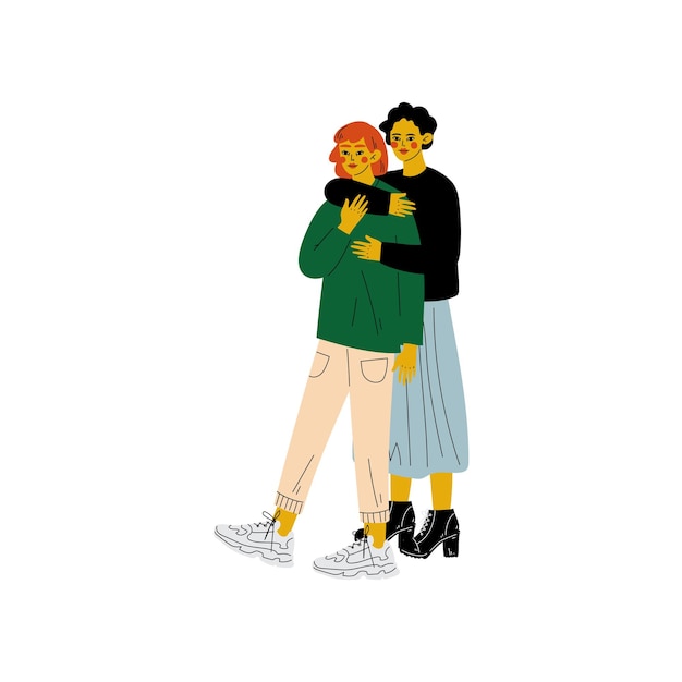 Casal de lésbicas Duas mulheres felizes se abraçando Relação homossexual romântica Ilustração vetorial em fundo branco