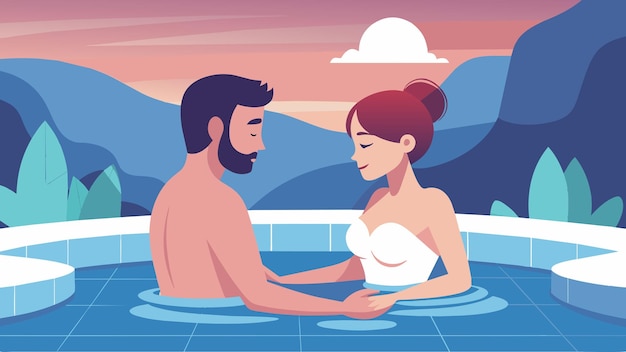 Vetor casal de mãos dadas enquanto se mergulham numa piscina termal romântica iluminada por luzes brilhantes desfrutando de um