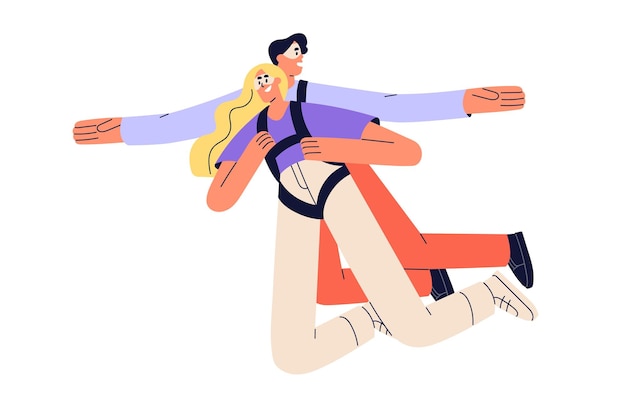 Casal de mergulhadores do céu com mochilas de para-quedas flutuando no ar Skydivers feliz homem e mulher jumpers durante a queda livre voando juntos Ilustração em vetor plana isolada no fundo branco