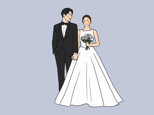 Casal de noivos fofos em personagem de desenho animado de vestido de noiva