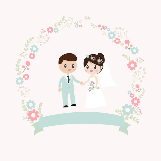 Casal de noivos segurando as mãos coroa de flores