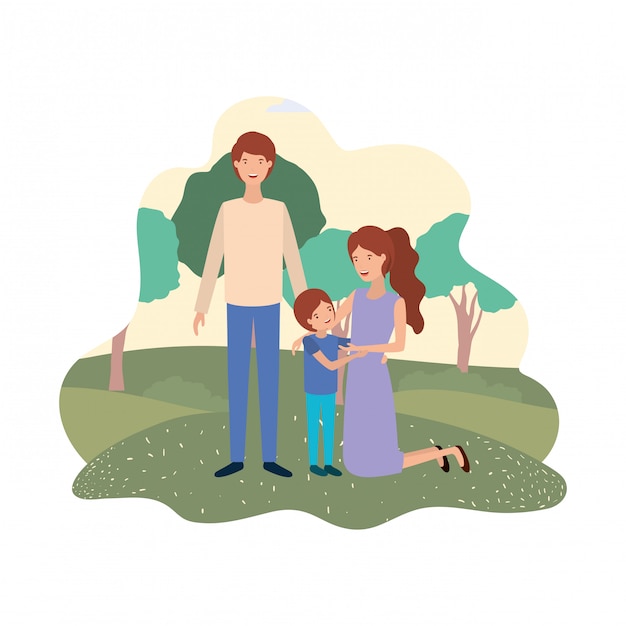 Casal de pais com filho em avatar de paisagem