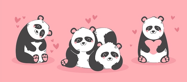 Casal de panda de desenho animado fofo apaixonado Personagem de animais com corações Desenho romântico do dia dos namorados Design de bebê para crianças