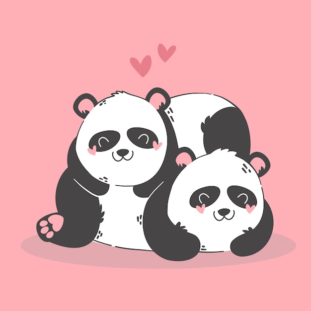 Lindo casal de pandas apaixonados desenho simples e mínimo de