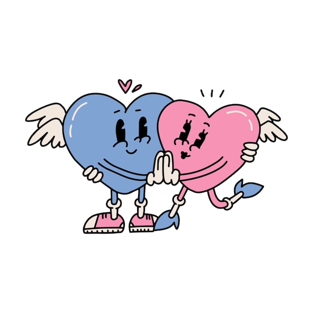 Casal de personagens de desenho animado retrô abraçando símbolos de amor fofos com rostos, mãos e pés em fevereiro r