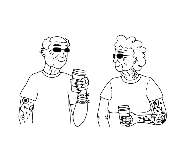 Casal de velhos de homem e mulher com tatuagem bebendo chá ou café juntos ilustração de doodle de arte de linha para imprimir adesivos de design gráfico e modelo de pôster