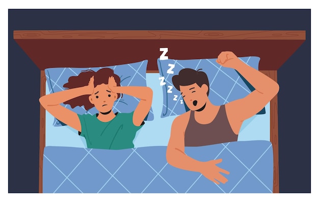 Casal deitado na cama Personagem feminina sofre de marido roncando com dor de cabeça, doença de ronco, distúrbio respiratório